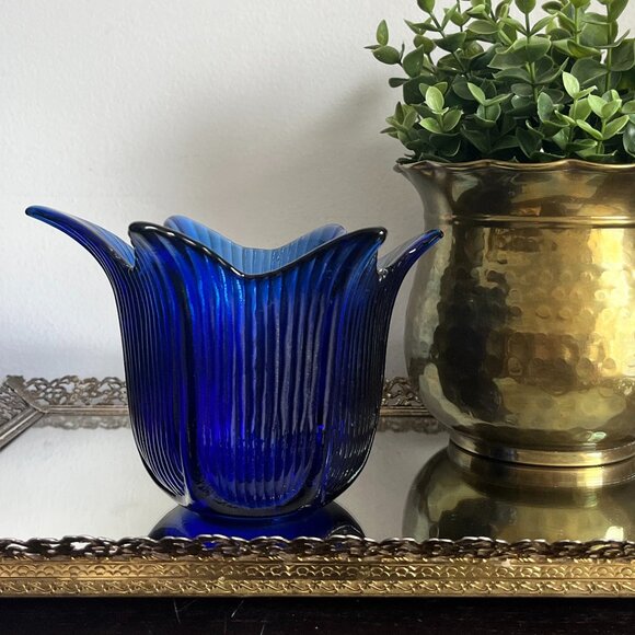 Beautiful Flower Shaped Ridged Petals Cobalt Blue Votive Candle Holder or Catcha - Picture 1 of 7